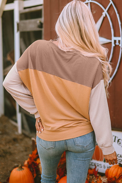 Black Color Block Long Sleeve Ribbed Loose Top