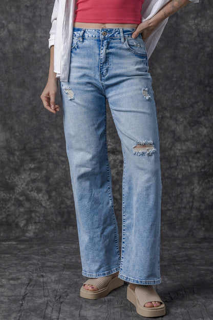 Light Blue High Rise Distressed Straight Leg Jeans