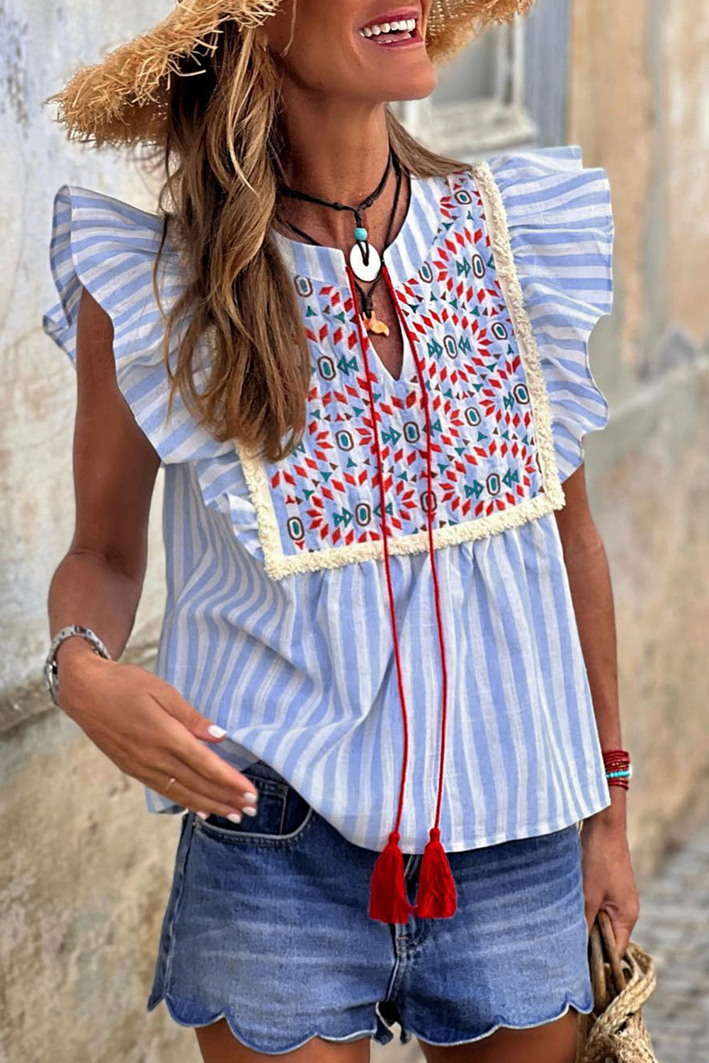 Sky Blue Stripe Geo Pattern Embroidered Tassel Flutter Blouse