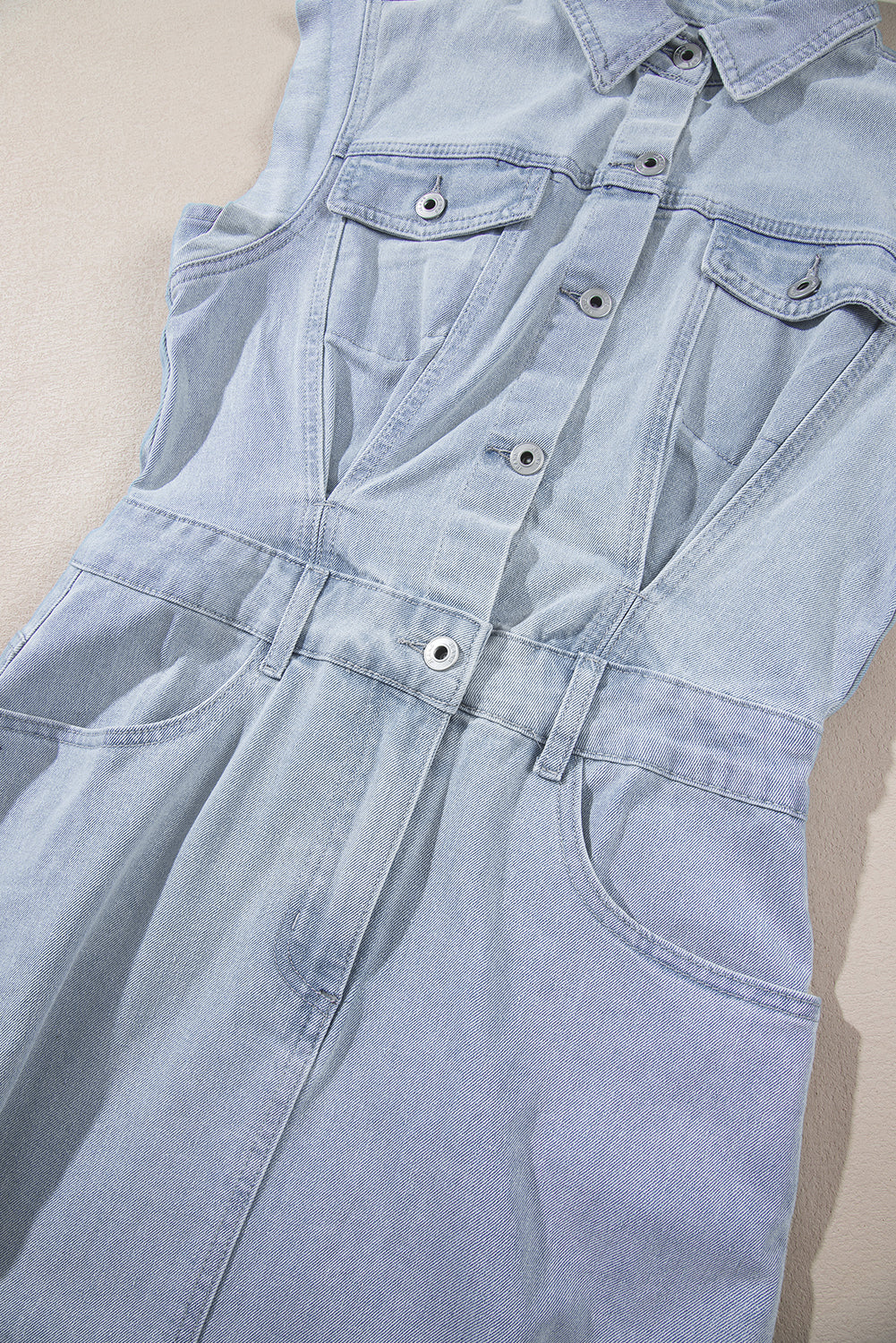 Light Blue Acid Wash Flap Pockets Frayed Denim Dress