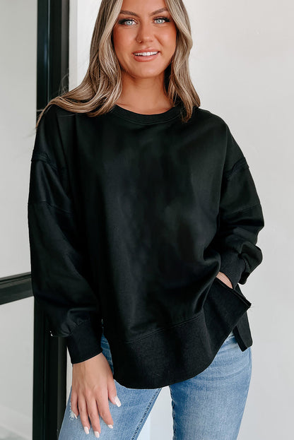 Black Exposed Seam Drop Shoulder Round Neck Sweatshirt with Slits