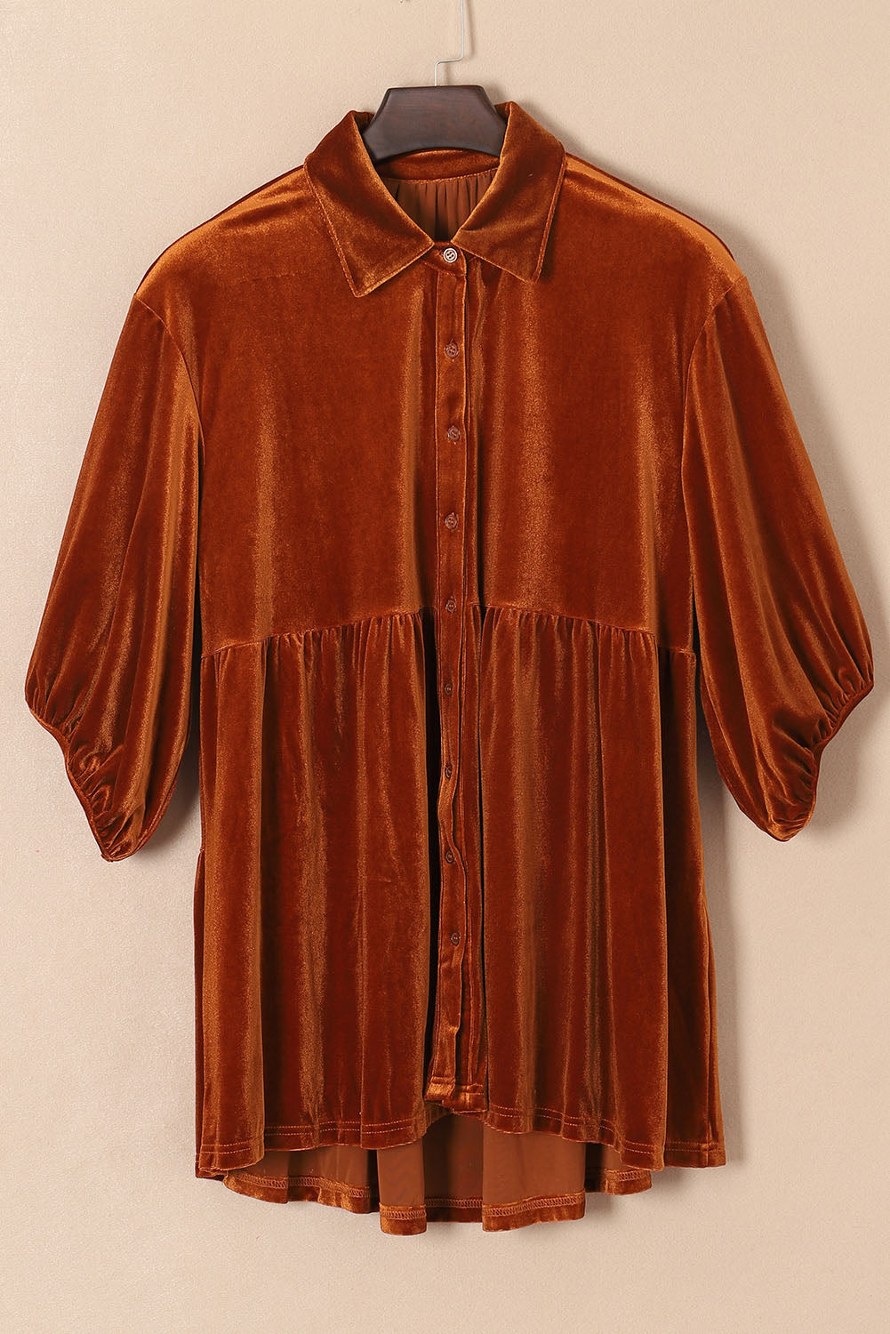 Chestnut 3/4 Sleeve Tunic Babydoll Velvet Shirt