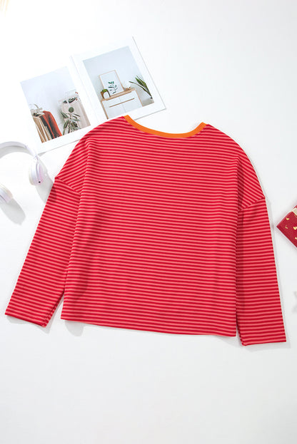 Tomato Red Two Tone Striped Side Buttons Drop Shoulder Shirt