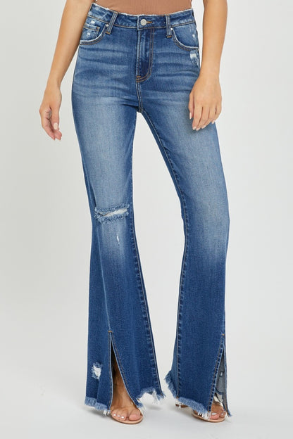 RISEN Full Size High Rise Front Slit Frayed Hem Flare Jeans