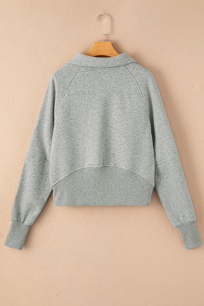 Gray Zip Up Stand Collar Ribbed Thumbhole Sleeve Sweatshirt