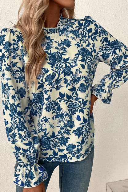 Sky Blue Floral Print Flounce Sleeve Keyhole Blouse