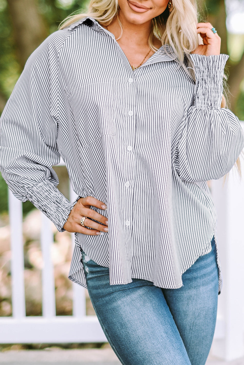 Smocked Cuffed Striped Boyfriend Shirt with Pocket