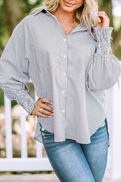 Smocked Cuffed Striped Boyfriend Shirt with Pocket