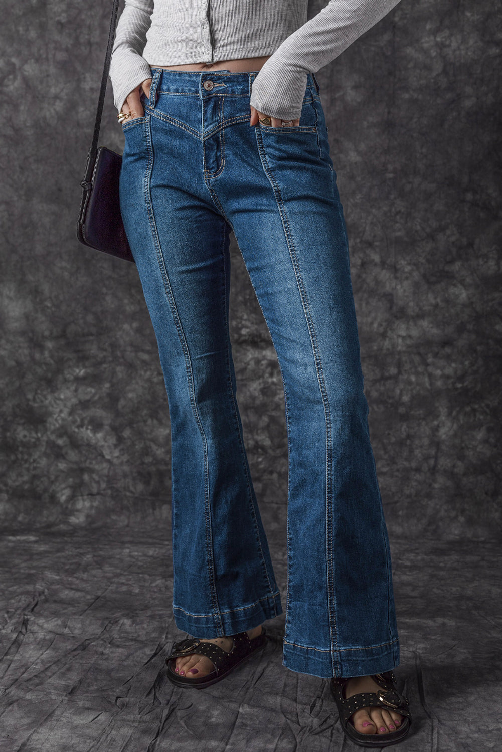 Blue High Waist Seam Stitching Pocket Flare Jeans