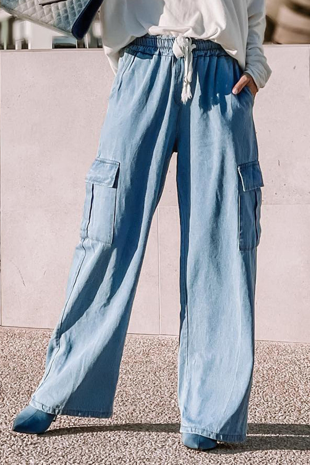 Sky Blue Drawstring High Waist Cargo Pocket Wide Leg Jeans