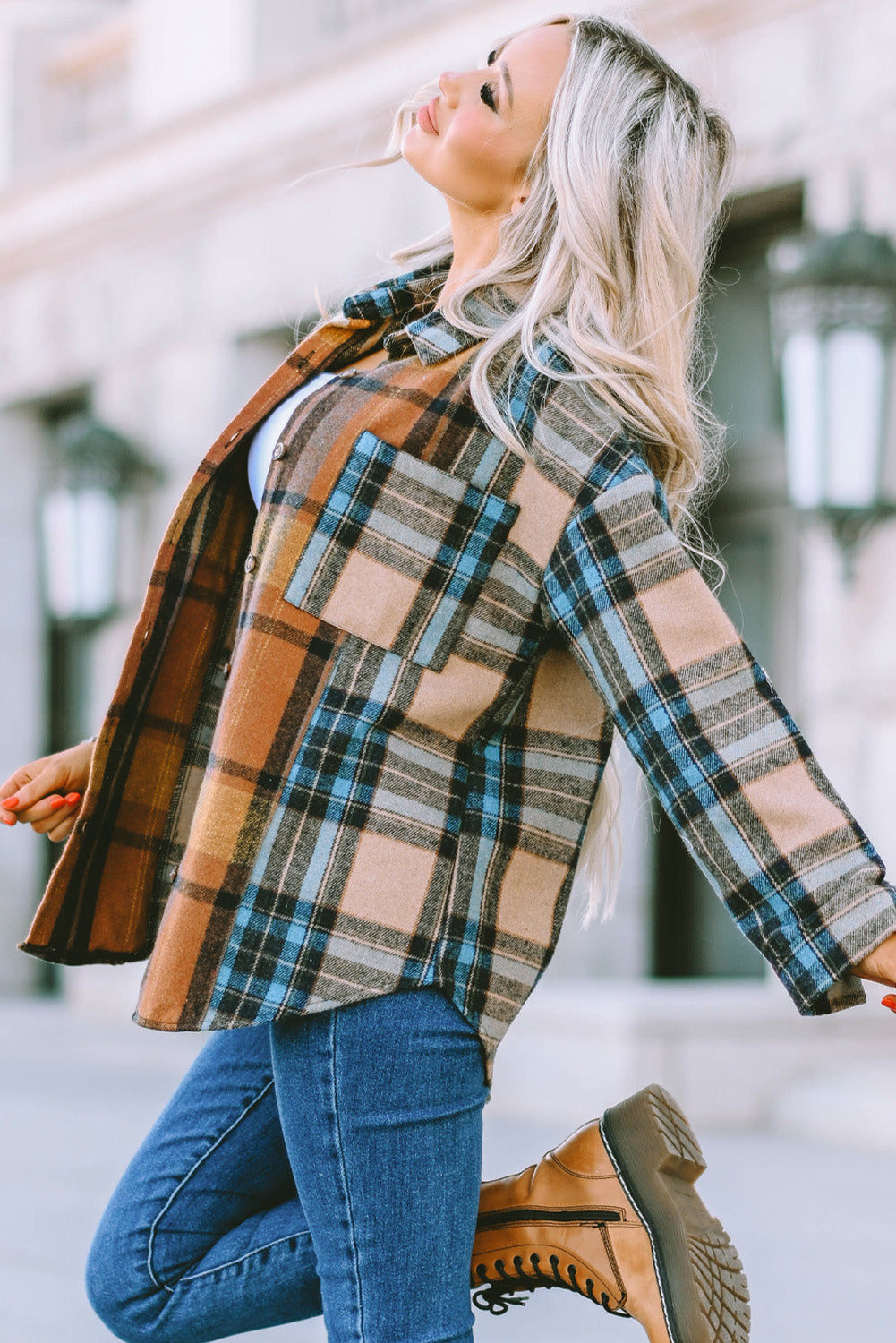 Brown Plaid Color Block Buttoned Shirt with Pockets