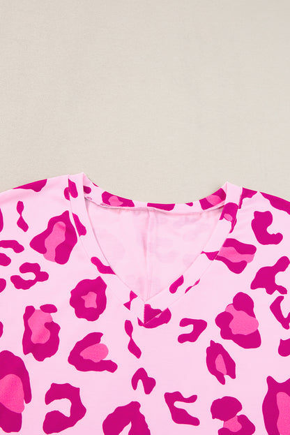 Rose Leopard Print V Neck Plus Size Tee