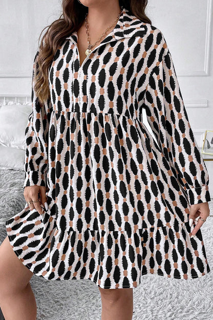 Apricot Geometric Print Collared V Neck Plus Size Mini Dress