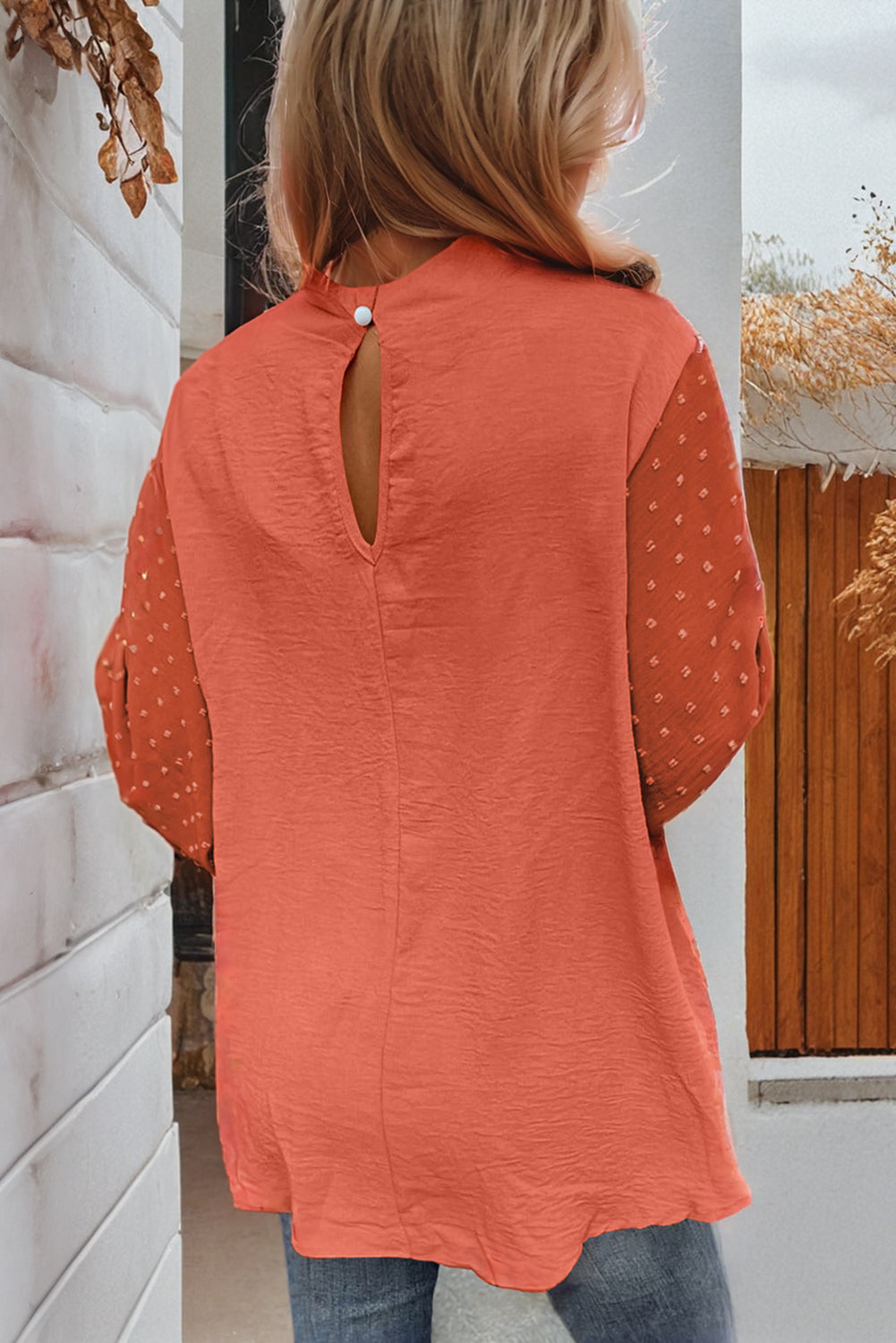 Russet Orange Swiss Dot Balloon Sleeve Shirt