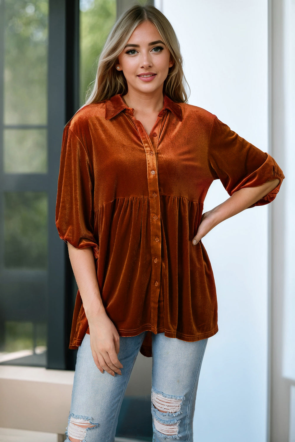 Chestnut 3/4 Sleeve Tunic Babydoll Velvet Shirt