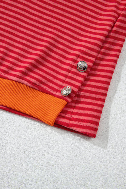 Tomato Red Two Tone Striped Side Buttons Drop Shoulder Shirt