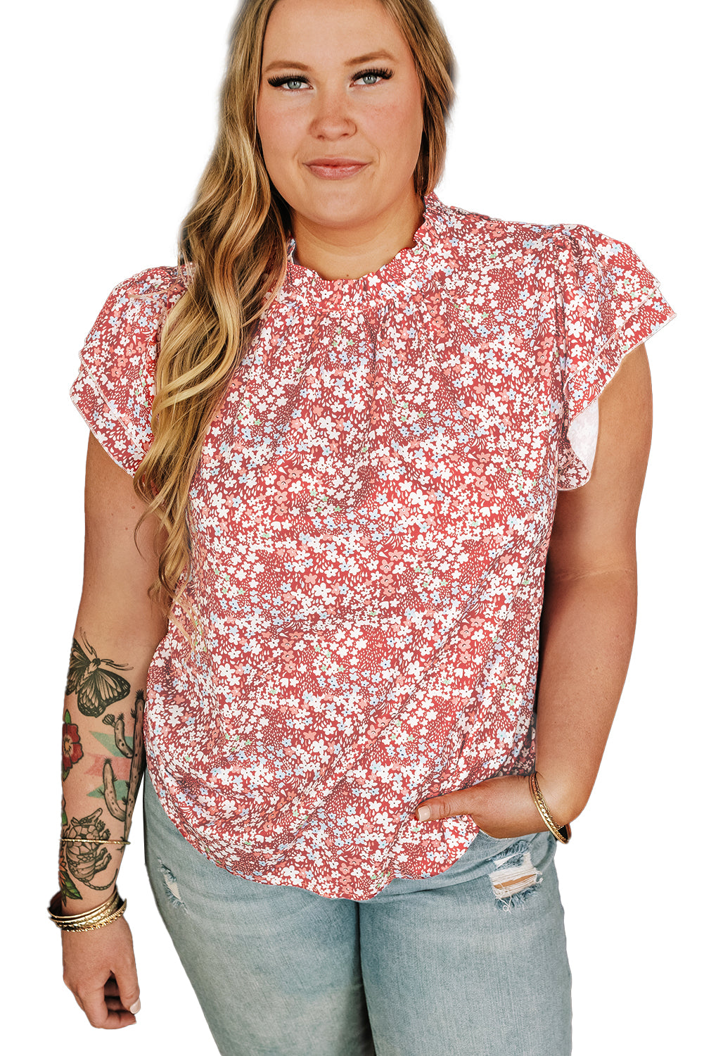 Pink Plus Size Floral Print Ruffled Sleeve Frilled Neck Blouse