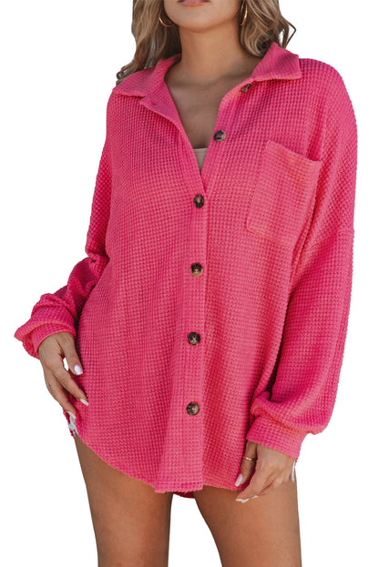 Pink Waffle Knit Button Up Casual Shirt