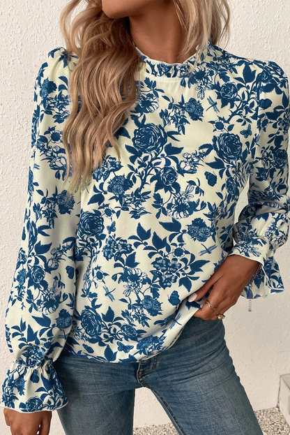 Sky Blue Floral Print Flounce Sleeve Keyhole Blouse