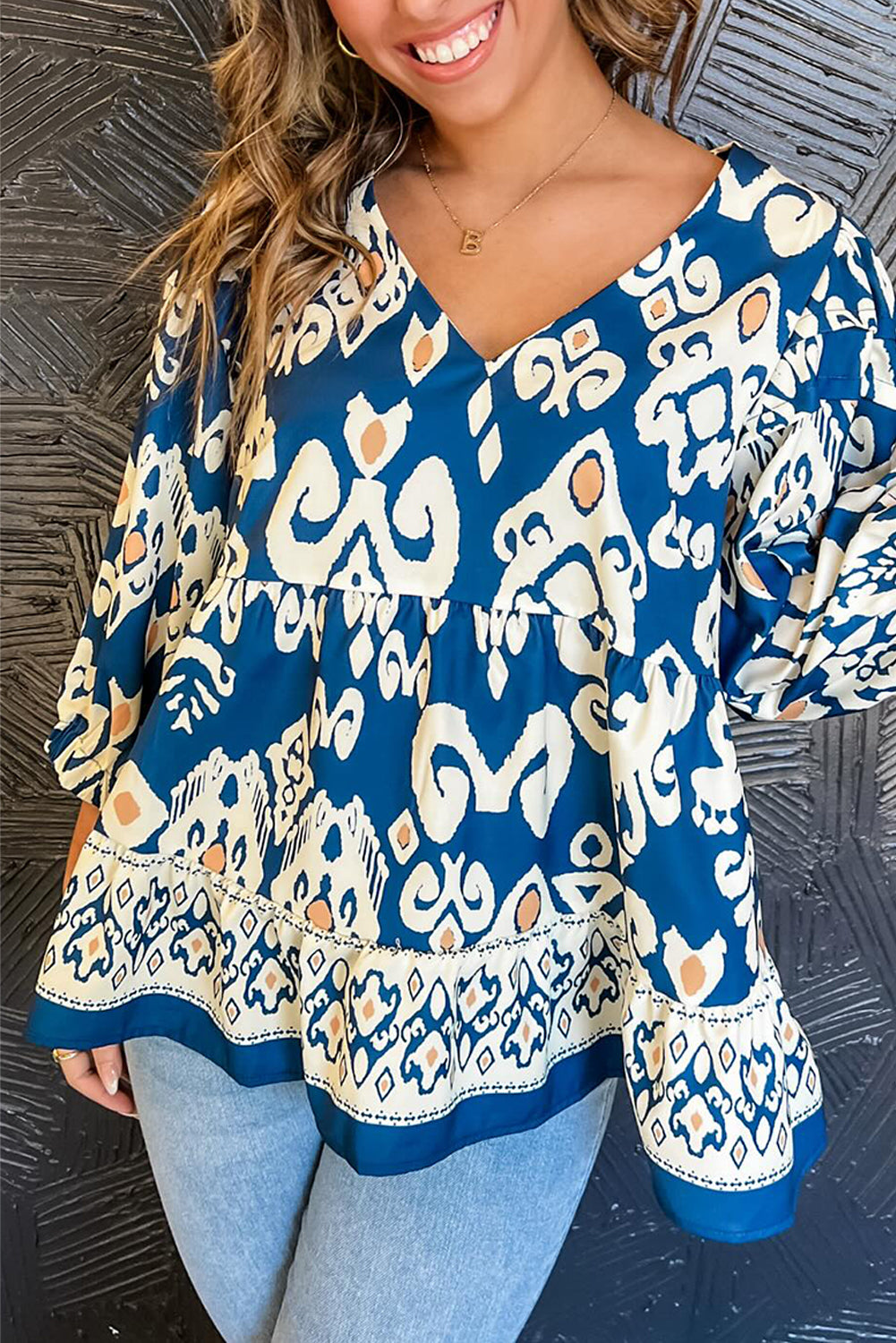 Blue Tribal Geometric Print 3/4 Sleeves Blouse