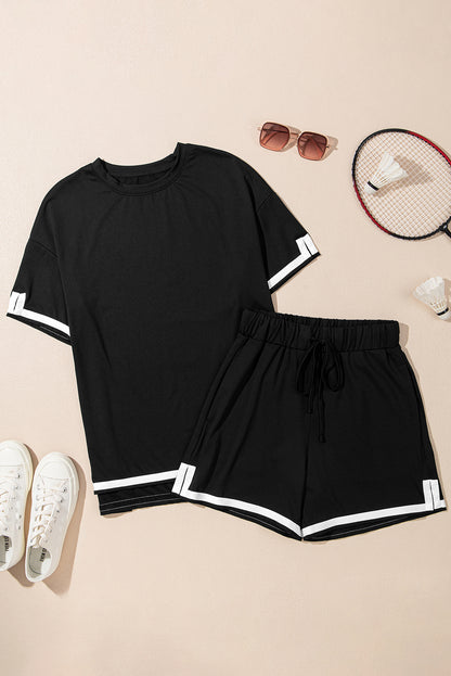 Black Contrast Trim Tee and Shorts Set