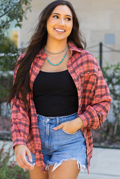 Red Plaid Long Sleeeve Side Split Distressed Hem Shirt