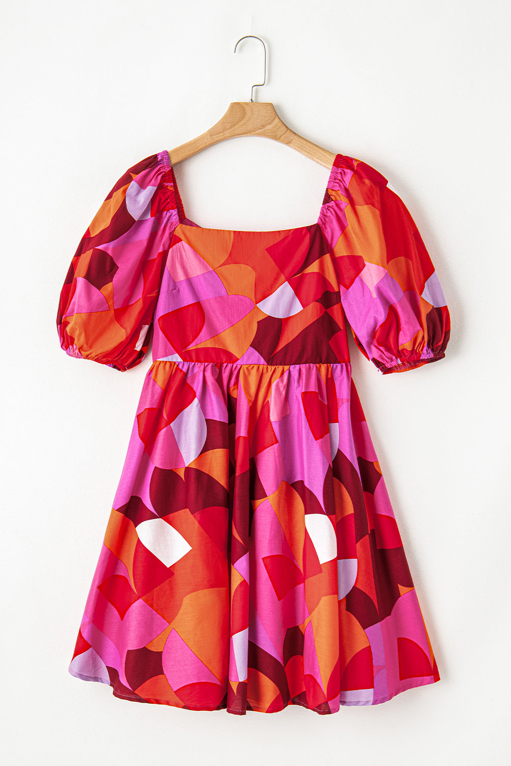 Red Abstract Print Square Neck Puff Sleeve Dress