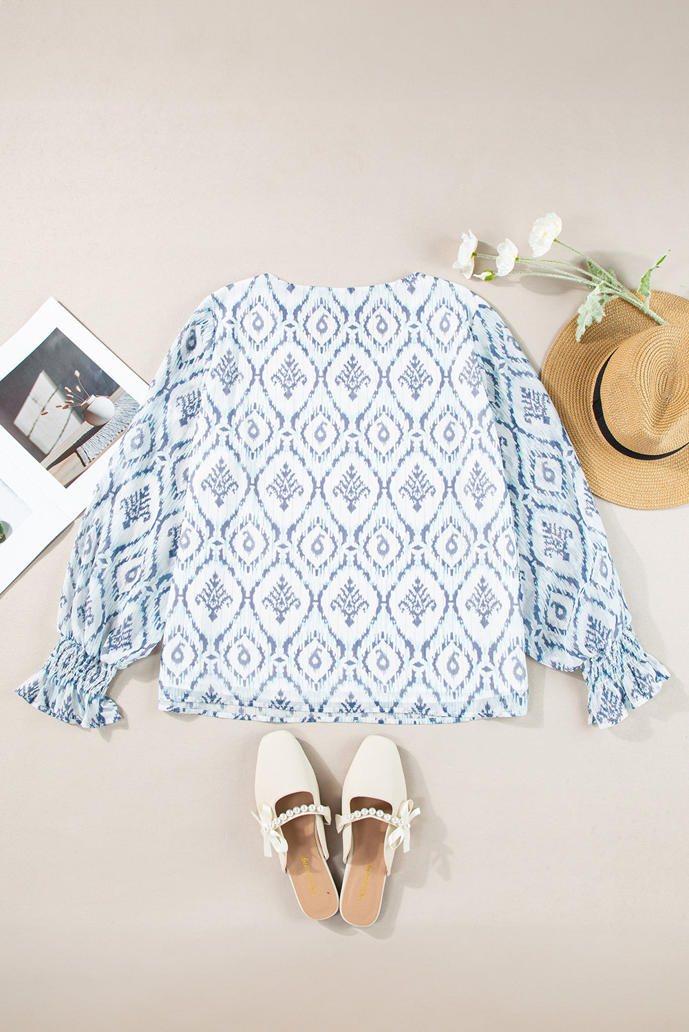 Sky Blue Geometric Print Shirred Puff Neck Blouse