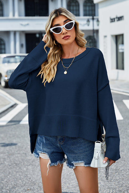 Round Neck Dropped Shoulder Slit Sweater