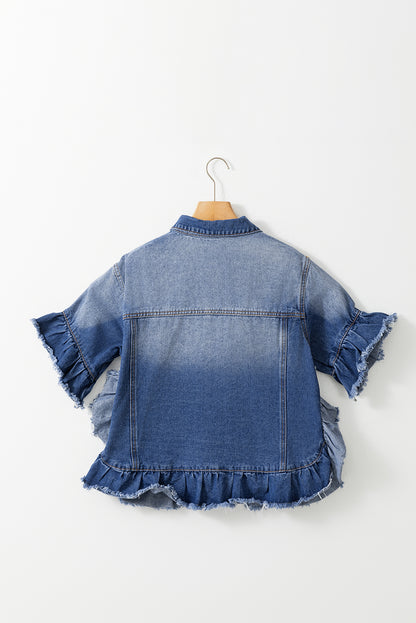 Ruffled Raw Hem Half Sleeve Denim Top