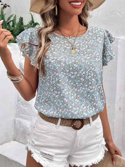 Ditsy Floral Round Neck Cap Sleeve Top