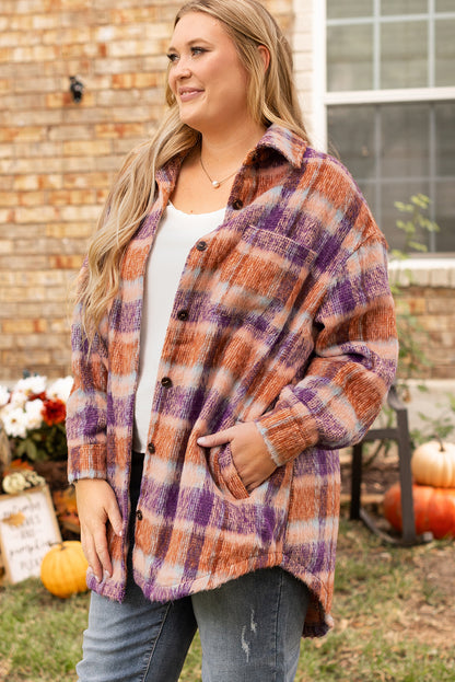 Multicolour Plus Size Plaid Print Collared Button  up Jacket