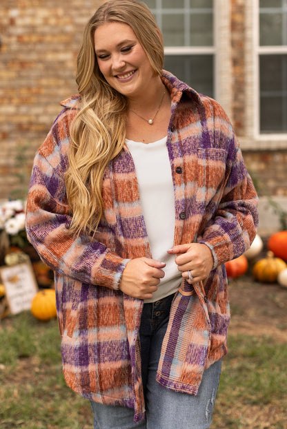 Multicolour Plus Size Plaid Print Collared Button  up Jacket