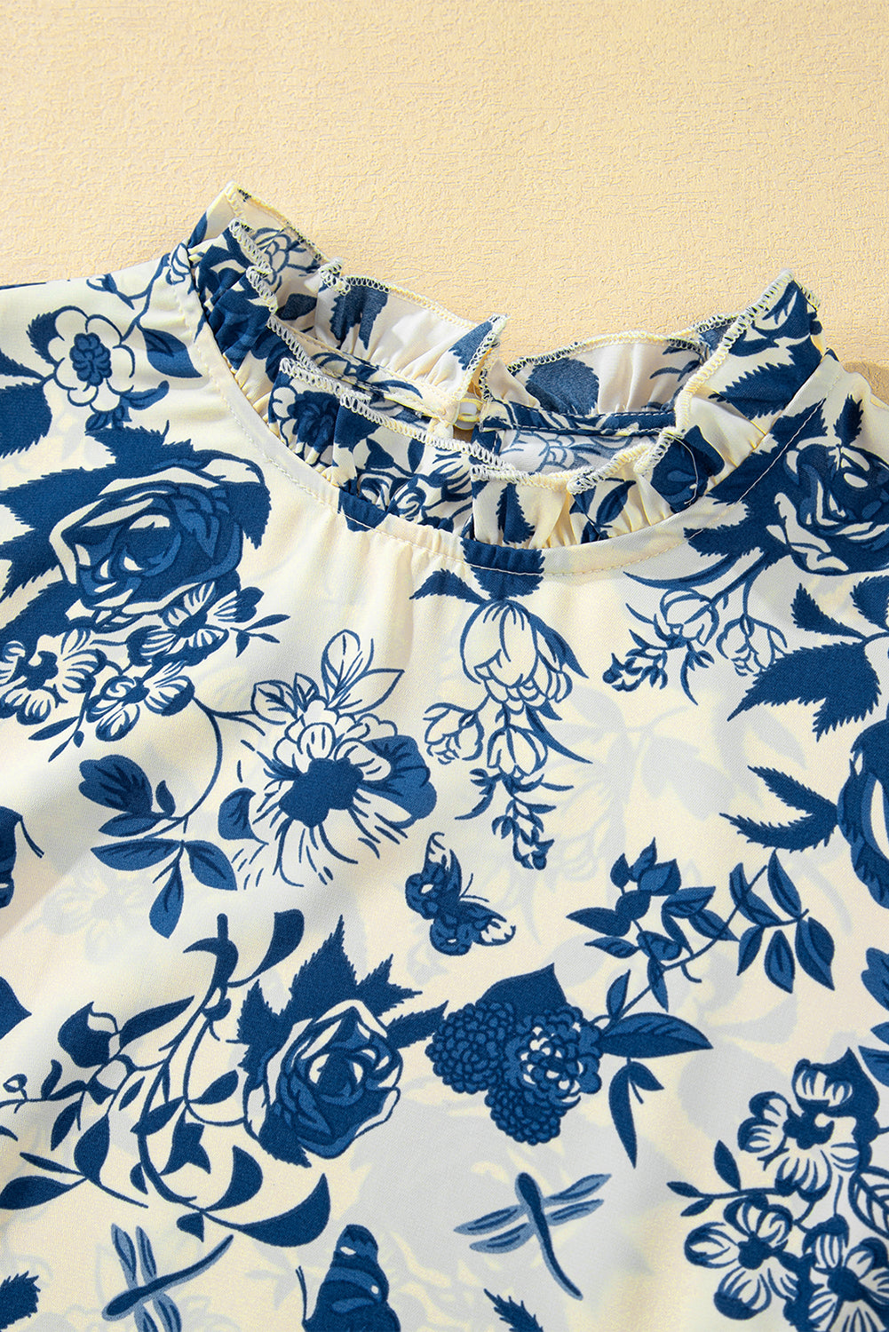 Sky Blue Floral Print Flounce Sleeve Keyhole Blouse