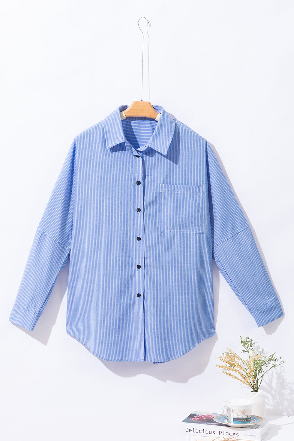 Sky Blue Stripe Roll-tab Sleeve Pocketed Long Shirt