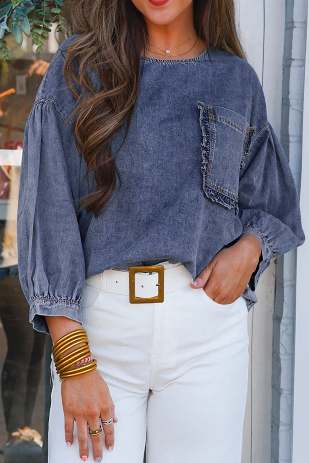 Sky Blue 3/4 Sleeve Ruffled Patched Pocket Denim Shirt