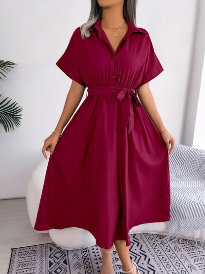 Short Sleeve Collared Tie Belt Dress