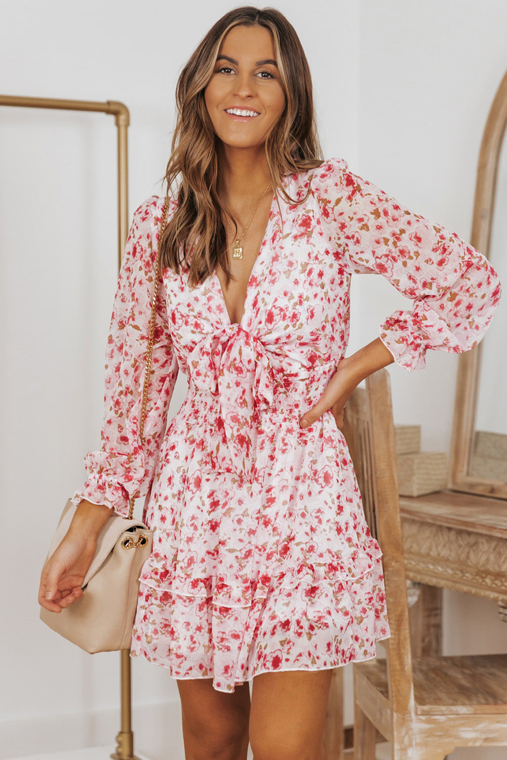 Floral Deep V Flounce Sleeve Mini Dress