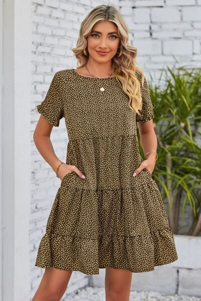 Polka Dot Round Neck Tiered Dress