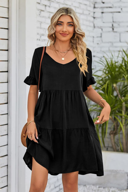 V-Neck Flounce Sleeve Tiered Dress